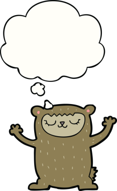 Bir insan tarafından çizilmiş düşünce baloncuğu olan sevimli çizgi film ayısı.