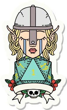 Ağlayan bir elf savaşçı karakterinin çıkartması. Doğal bir insan tarafından çizilmiş bir D20 rulo.