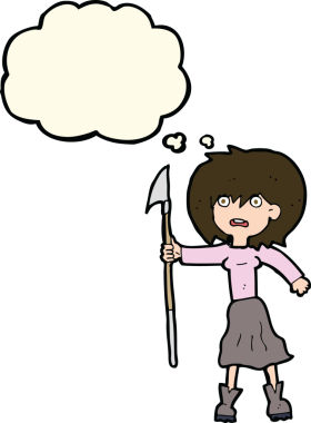 Bir insan tarafından çizilmiş düşünce balonlu zıpkınlı karikatür kadın.