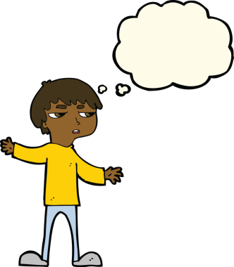 Bir insan tarafından çizilen düşünce baloncuğuyla sinirlenmiş bir çocuk.