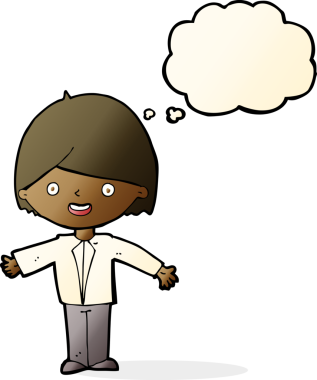 Bir insan tarafından çizilmiş düşünce balonlu mutlu adam çizgi filmi.