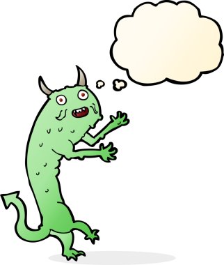 Bir insan tarafından çizilmiş düşünce balonlu çizgi film şeytanı.