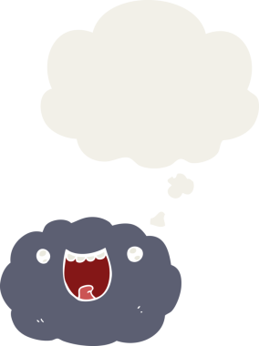 Bir insan tarafından çizilmiş, düşünce baloncuklu mutlu bir çizgi film.