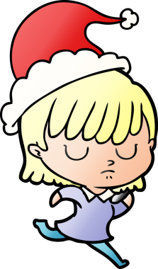 Bir insan tarafından çizilmiş Noel Baba şapkası giymiş bir kadının el çizimi karikatürü.