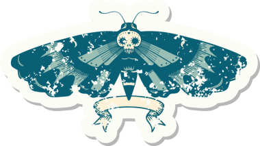 Üzerinde ölüm bayrağı olan eski bir çıkartma. Bir insan tarafından çizilmiş baş güvesi.