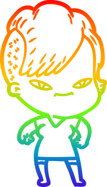 Gökkuşağı gradyan çizimi. Hipster saç kesimi bir insan tarafından çizilmiş şirin bir çizgi film kızı.