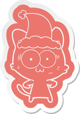 Bir insan tarafından çizilmiş Noel Baba şapkası takan şaşırmış bir kedinin garip çizgi film çıkartması.