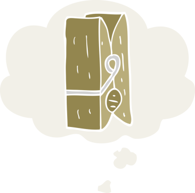 Düşünce baloncuğu olan karikatür mandalı insan tarafından çizilmiş.