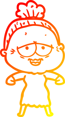 Bir insan tarafından çizilmiş mutlu, yaşlı bir kadının sıcak çizgi çizimi.