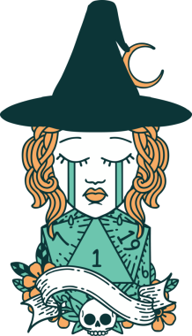 Retro Dövme Tarzı Ağlayan İnsan Cadı Doğal D20 yuvarlamalı Bir insan tarafından çizilmiş