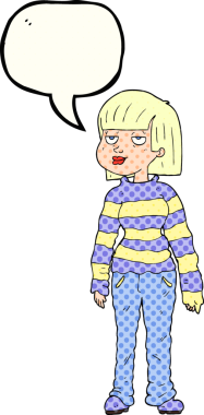 Bir insan tarafından çizilmiş günlük giysiler içindeki serbest çizilmiş çizgi roman konuşma balonu kadın.