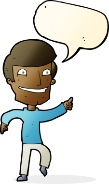 Bir insan tarafından çizilmiş konuşma balonuyla işaret eden mutlu adam çizgi filmi.