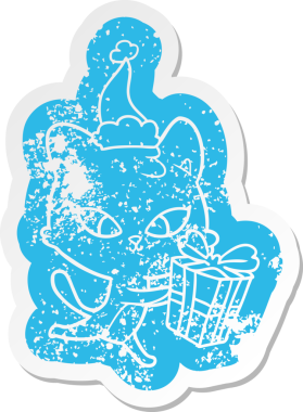 Bir insan tarafından çizilmiş Noel Baba şapkası takan bir kedinin hüzünlü çizgi filmi.