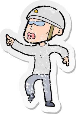 Bir insan tarafından çizilmiş bisiklet kasklı bir karikatürcünün gerilimli çıkartması.