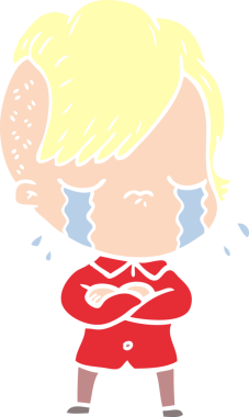 Düz renkli çizgi film karakteri, kollarını çapraz yapmış bir insan tarafından çizilmiş ağlayan kız.