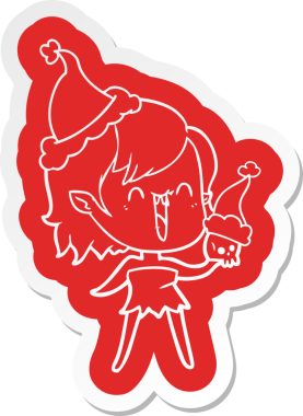 Mutlu vampir bir kızın insan tarafından çizilmiş Noel Baba şapkası giydiği komik bir çizgi film çıkartması.