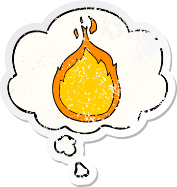 Düşünce baloncuklu çizgi film alevleri insan tarafından çizilmiş yıpranmış bir çıkartma gibidir.