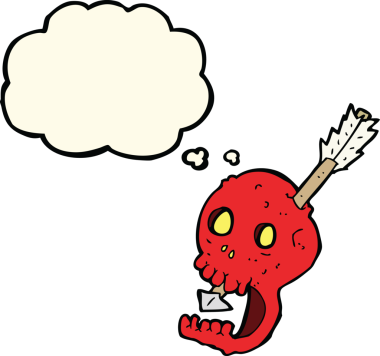 Bir insan tarafından çizilmiş düşünce baloncuklu komik kafatası ve ok.