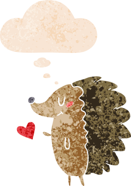 Homurdanan düşünce baloncuğu olan sevimli bir kirpi çizgi film karakteri.