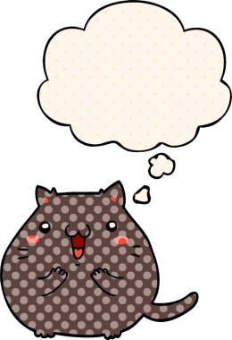 Bir insan tarafından çizilmiş çizgi roman tarzı düşünce balonu olan mutlu çizgi film kedisi.