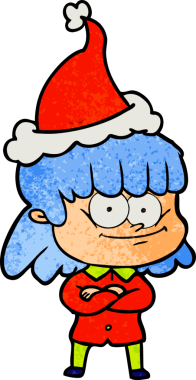 Bir insan tarafından çizilmiş Noel Baba şapkası takan gülümseyen bir kadının el çizimi karikatürü.