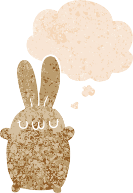 Düşünce baloncuklu çizgi film tavşanı grunge dertli eski moda bir insan tarafından çizilmiş.