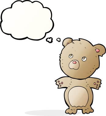 Bir insan tarafından çizilmiş düşünce balonlu komik oyuncak ayı.