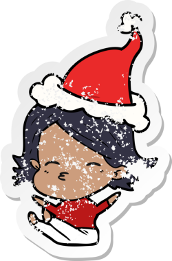 Bir insan tarafından çizilmiş Noel Baba şapkası giymiş bir kadının el çizimi karikatürü.