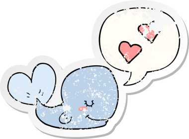 Konuşma balonuna aşık çizgi film balinası bir insan tarafından çizilmiş sıkıntılı eski bir çıkartma