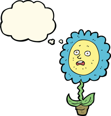 Bir insan tarafından çizilmiş, yüzü düşünce baloncuğu olan karikatür çiçeği.