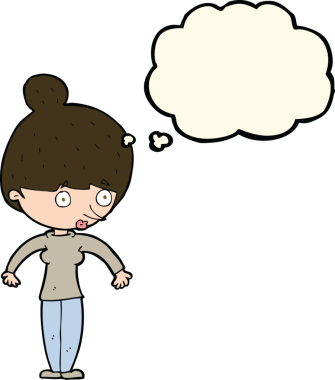 Bir insan tarafından çizilmiş düşünce balonuyla bakan çizgi film kadını.