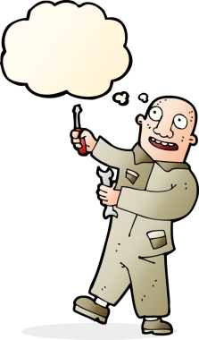 Bir insan tarafından çizilmiş düşünce kabarcığı olan karikatür tamircisi.