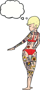 Bir insan tarafından çizilmiş düşünce kabarcığı dövmeli bikinili kız.