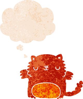 grunge 'da düşünce baloncuğu olan çizgi film kedisi bir insan tarafından çizilmiş dertli retro desenli