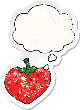 Düşünce baloncuklu karikatür çileği bir insan tarafından çizilmiş yıpranmış bir çıkartma.