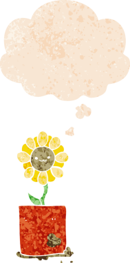 Düşünce baloncuğu ve grunge ile sevimli karikatür çiçek bir insan tarafından çizilmiş sıkıntılı retro doku