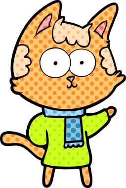 Bir insan tarafından çizilmiş kışlık giysiler içindeki mutlu çizgi film kedisi.