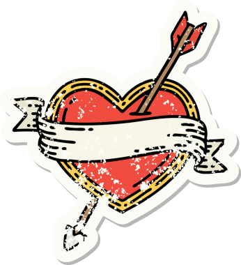 Bir insan tarafından çizilmiş ok kalp ve pankartın geleneksel stiliyle dövmesi var.