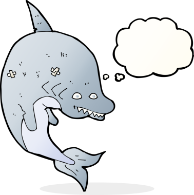 Bir insan tarafından çizilmiş düşünce baloncuklu çizgi film köpekbalığı.