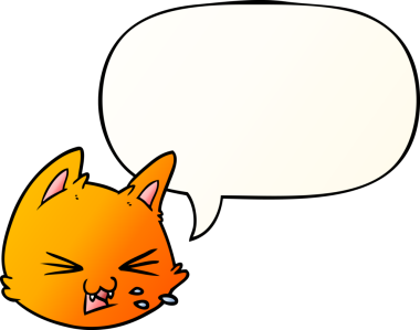 Bir insan tarafından çizilmiş düzgün eğimli konuşma baloncuğu ile çizgi film kedi yüzü tükürüyor.