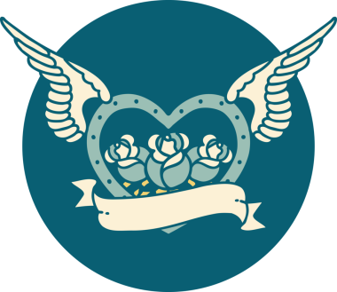 Bir insan tarafından çizilmiş çiçek ve bayrak ile uçan bir kalbin ikonik dövme görüntüsü