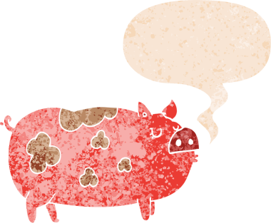 Bir insan tarafından çizilmiş grunge dertli retro tarzı konuşma baloncuklu çizgi film domuzu