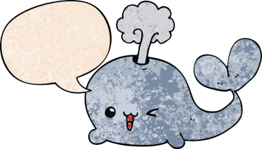 Konuşma baloncuğu olan karikatür balinası insan tarafından çizilmiş.