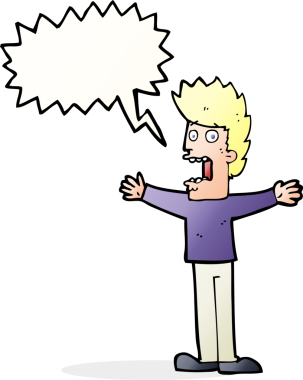 Bir insan tarafından çizilmiş, konuşma balonuyla dehşete düşmüş bir adam.