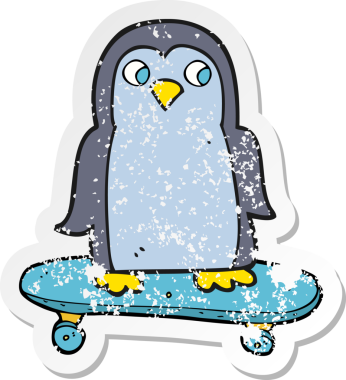 Bir insan tarafından çizilmiş kaykaya binen penguen karikatürünün gerilimli retro yapıştırması