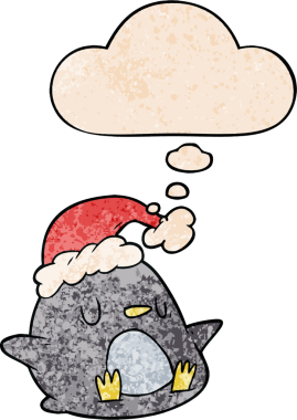 Bir insan tarafından çizilmiş grunge desenli düşünce baloncuklu sevimli penguen.