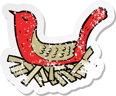 Bir insan tarafından çizilmiş yuvadaki çizgi film kuşunun gerilimli yapıştırması.