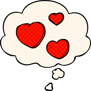 Çizgi roman tarzında, düşünce baloncuklu kalpleri seven bir insan tarafından çizilmiş.