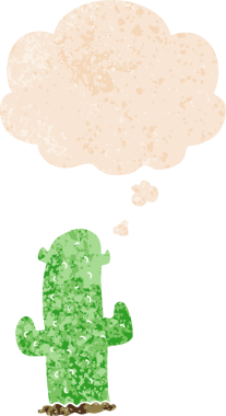 Düşünce baloncuğu olan çizgi film kaktüsleri bir insan tarafından çizilmiş dertli retro desenli.