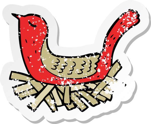 Bir insan tarafından çizilmiş yuvadaki çizgi film kuşunun gerilimli yapıştırması.